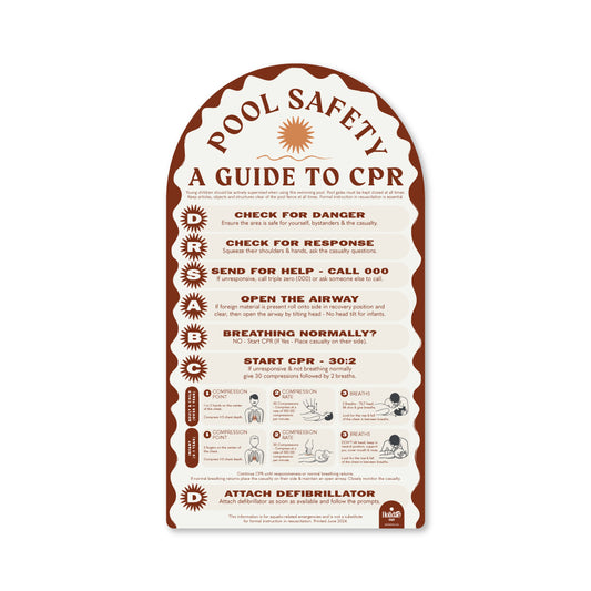 Rust-toned Pool Safety CPR sign with a mid-century aesthetic  – Holidae Haus