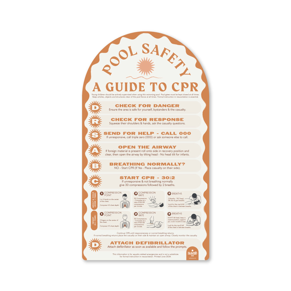 Terracotta Pool Safety CPR sign in a warm, earthy tone, combining compliance and design – Holidae Haus